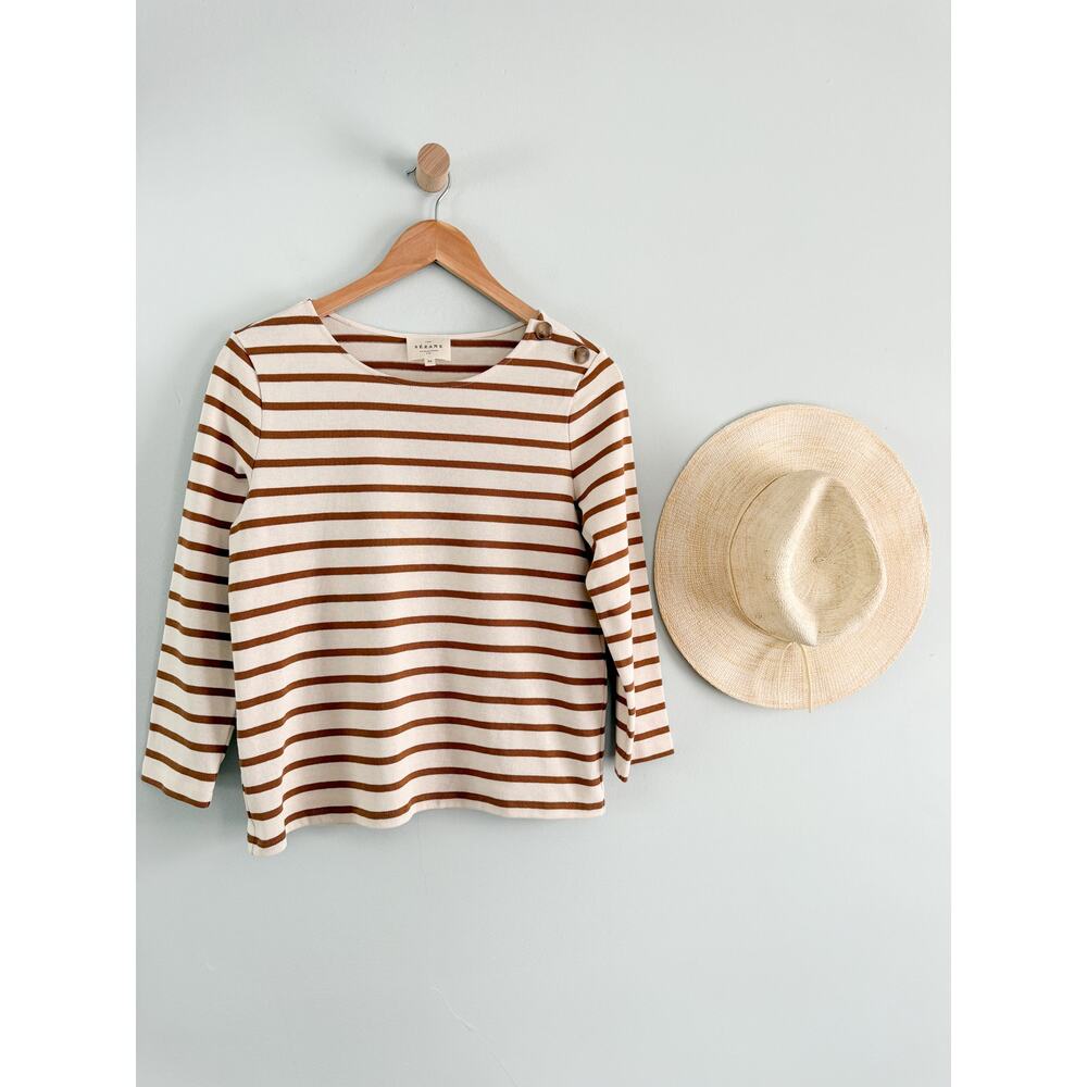 Sézane | Colette Marinière Stripe Top Ecru Camel Long Sleeve | Sz XS - Picture 2 of 8
